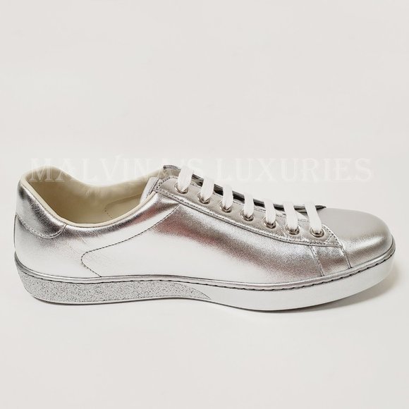 GUCCI SNEAKERS NEW ACE SILVER LEATHER INTERLOCKING G LOGO SHOES 7.5G 8 US - Picture 7 of 14